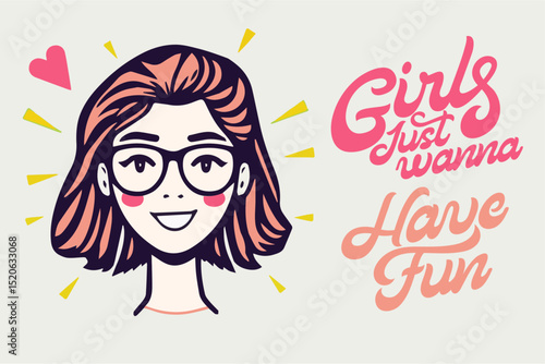 Cute Girl Illustration with Glasses and Lettering 