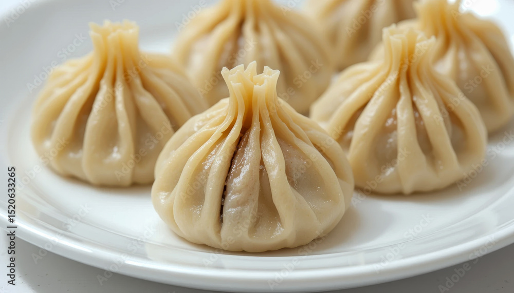 Close-up of several plump, steamed khinkali, traditional Georgian dumplings, arranged on a white plate. Their delicate pleated tops are glistening. Close-up of several plump, steamed khinkali, traditional Georgian dumplings, arranged on a white plate. Their delicate pleated tops are glistening.