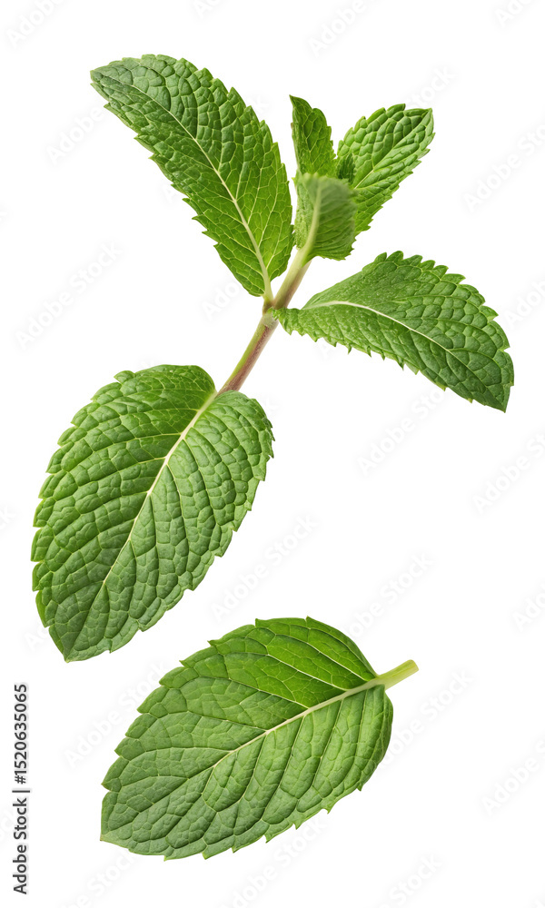 Fototapeta premium Close-up of mint leaf vibrant green and isolated against a white background.