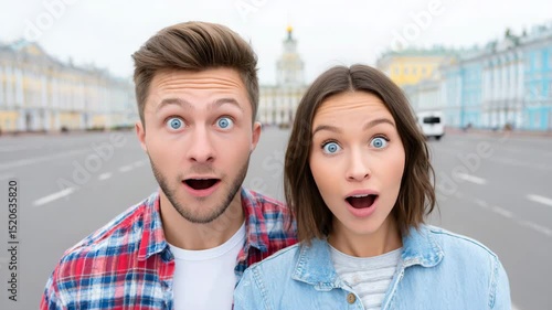 Astonishment in the City: A captivating duo, with wide-eyed expressions of surprise and shock, stand against the backdrop of an iconic cityscape.