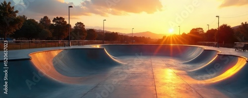 A deserted skatepark at dawn, empty ramps and rails bathed in the soft light of the rising sun, a feeling of stillness and quietude , forgotten, sport, morning
