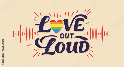 Love out Loud. LGBTQ+ pride message with rainbow heart and sound wave illustration. Retro typography design for equality and celebration.