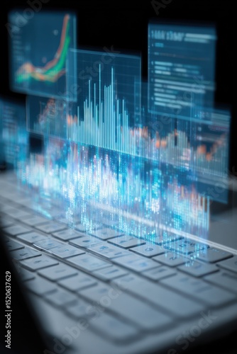 Close up of a keyboard with glowing holographic charts and data displays above the keyboard keys