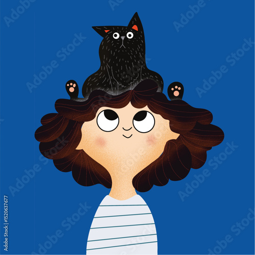 Illustration for cute children and Cat on the head