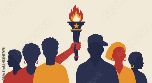 Black Community United Holding a Flaming Torch. Symbol of Hope, Freedom, and Empowerment. African American History and Civil Rights Illustration.