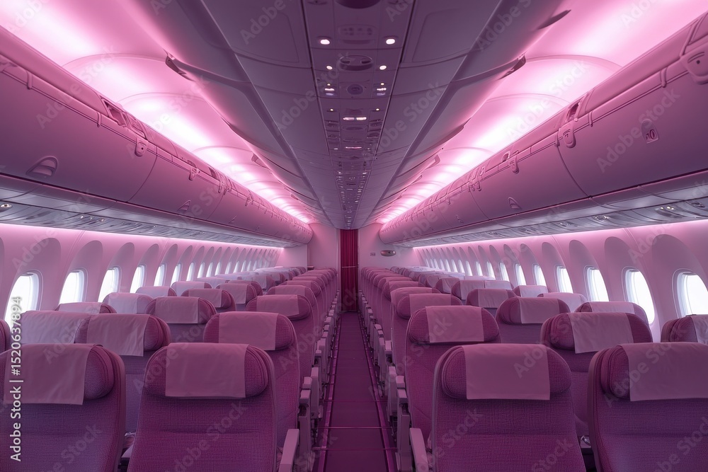 Fototapeta premium Empty passenger cabin of a modern airliner, illuminated with a soft pink light.