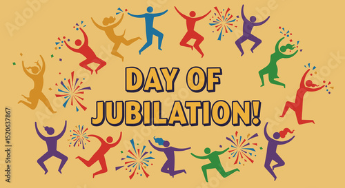 DAY OF JUBILATION! Colorful silhouettes of diverse people celebrating with confetti and fireworks, a festive and joyful scene.