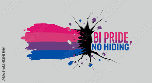 BI PRIDE, NO HIDING. Bisexual pride flag colors breaking through a wall, symbolizing visibility and acceptance. LGBTQIA+ awareness and empowerment concept.
