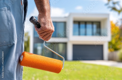 Person painting house exterior with paint roller