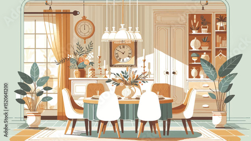A dining room that is designed to be both elegant and inviting, with a focus on using light and color to create a sense of warmth and coziness 