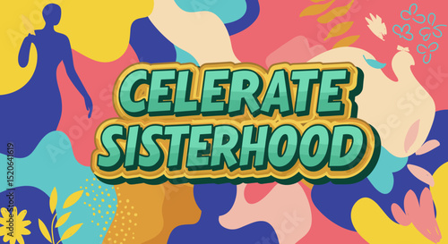 CELERATE SISTERHOOD. Vibrant graphic illustration promoting female unity and empowerment with abstract colorful shapes, women silhouettes, and floral motifs. Modern design for celebration.