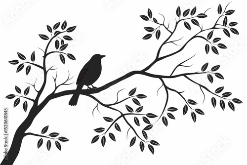 Simple, elegant silhouette of a bird perched on a tree branch against a white vector deign  background. 