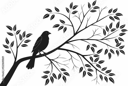 Simple, elegant silhouette of a bird perched on a tree branch against a white vector deign  background. 