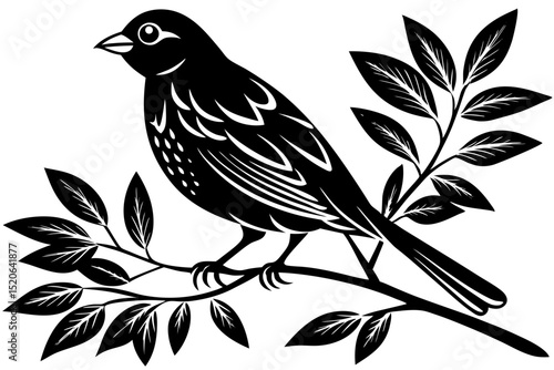 Simple, elegant silhouette of a bird perched on a tree branch against a white vector deign  background. 