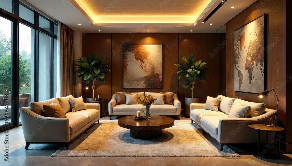 Fototapeta premium Luxurious hotel lobby with plush seating, elegant lighting, and modern art A perfect blend of comfort and sophistication, ideal for relaxation or business meetings , opulent, hotel lobby