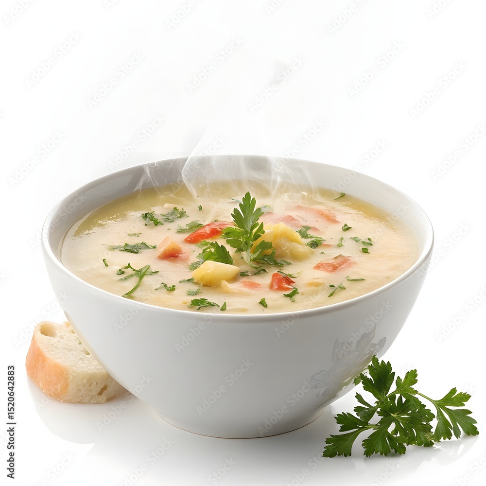 A steaming bowl of potato soup, garnished with parsley and red pepper flakes, is presented with a few potato chunks beside it. A steaming bowl of potato soup, garnished with parsley and red pepper flakes, is presented with a few potato chunks beside it.