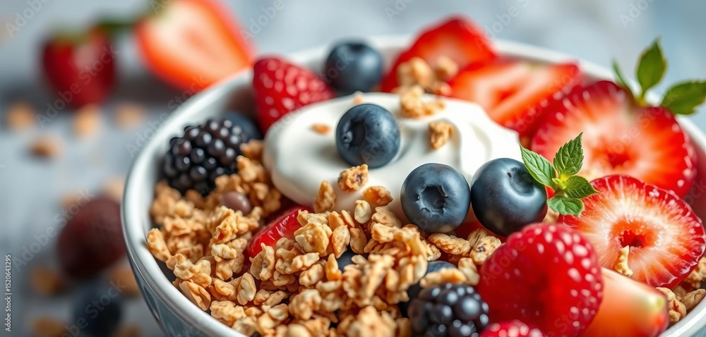 Vibrant bowl overflowing with fresh berries, granola, and yogurt, acai bowl, healthy eating Vibrant bowl overflowing with fresh berries, granola, and yogurt, acai bowl, healthy eating