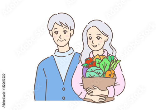 たくさんの新鮮な野菜を抱えて歩く、買い物帰りの素敵なグレイヘアの初老の夫婦（背景なし）
