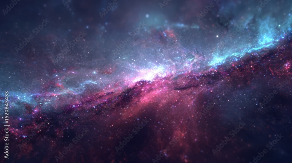 Fototapeta premium A vibrant cosmic canvas, where nebulae paint the darkness with shades of blue, pink, and starlight, an ethereal dance among galaxies.