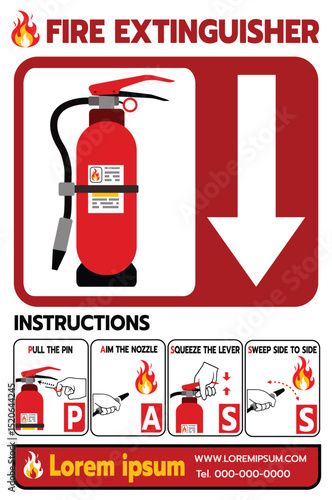 Vector-style fire extinguisher guide featuring four steps: pull the pin, aim the nozzle, squeeze the lever, and sweep side to side. Includes fire icon graphics and placeholder contact information