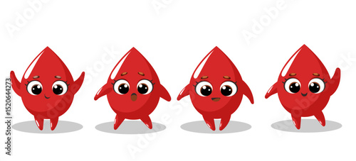 World Blood Donor Day. 14 June. Cute Blood Drop Kawaii Characters. Vector illustrations on a white background. Blood Donation Concept