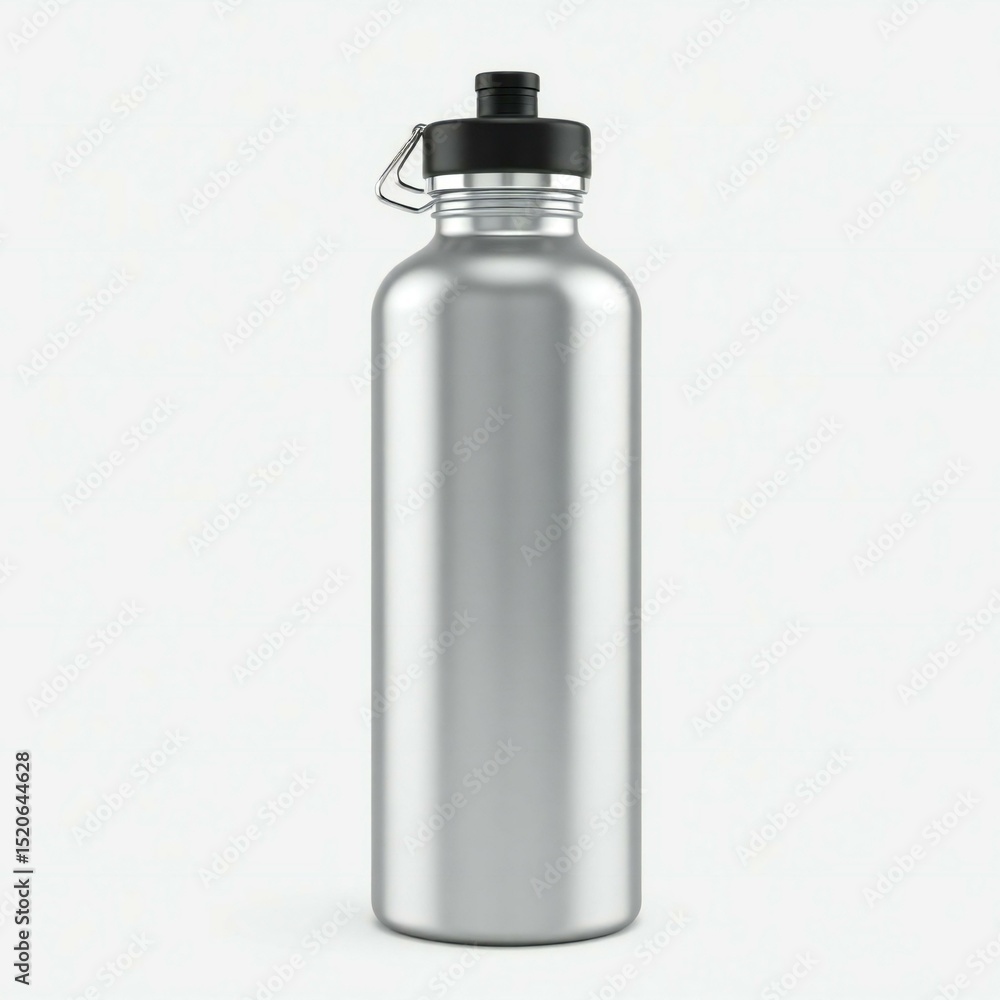 Silver aluminum water bottle with black cap Silver aluminum water bottle with black cap