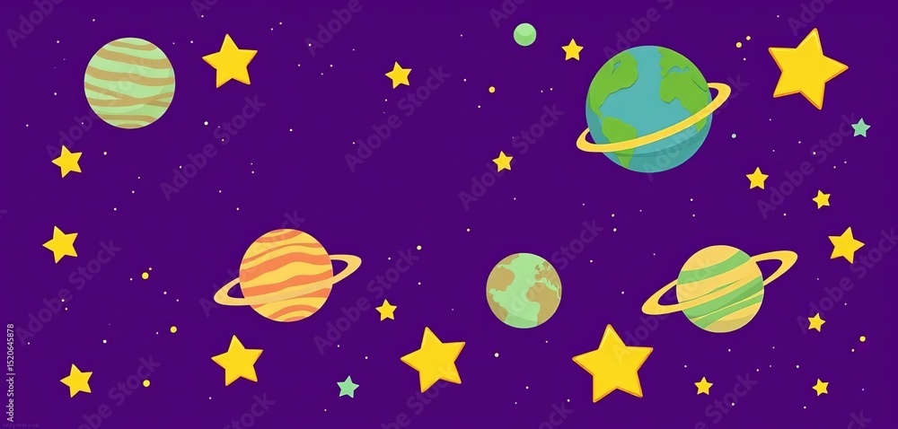 Whimsical cartoon planets and stars float on a deep purple space background, cute, universe Whimsical cartoon planets and stars float on a deep purple space background, cute, universe