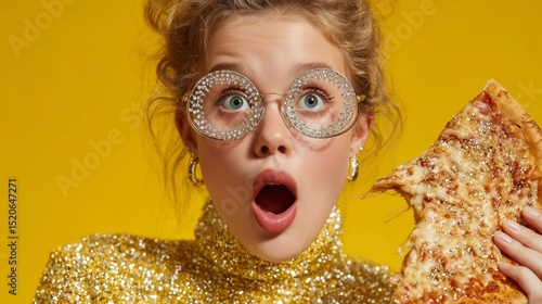 Woman in disco ball glasses eating glitter-covered pizza, NYE countdown, hilarious reaction, retro yellow backdrop, viral party concept
