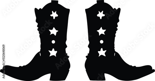 Silhouette vector icon set of cowboy boots with star decorations, traditional western design style, ideal for rodeo, American country themes, fashion accessories, or vintage wild west illustrations