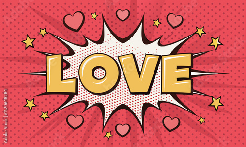 Colorful pop art design featuring the word 'LOVE' with hearts and stars.