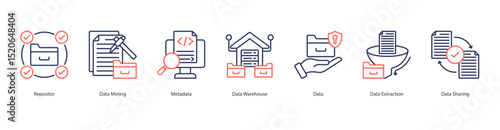 Data Infrastructure banner web icon set vector illustration concept with icon of repositor, data mining, metadata, data warehouse, data, data extraction, data sharing