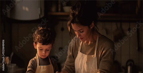A mother and young boy bonding while cooking in a cozy kitchen.