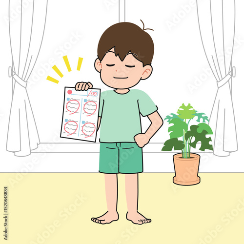 満点のテストを自慢する男の子　居間