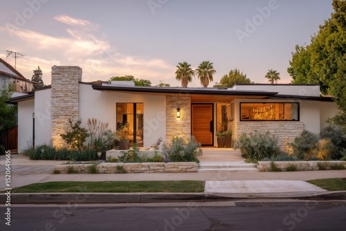 Luxurious single family home featuring white stucco walls, stone accents, large windows, and a wooden door in Beverly Hills, California