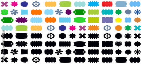 Abstract wave shape stickers. Zig zag wavy shape frames. Vector corrugated rectangular and oval abstract photo frames, text boxes. Scallop edge black geometric stamps. Flat jagged ellipse shapes set