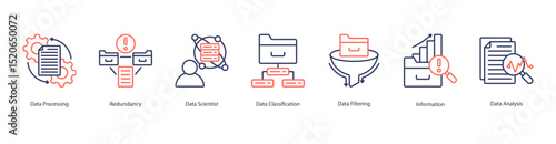 Data Processing banner web icon set vector illustration concept with icon of data processing, redundancy, data scientist, data classification, data filtering, information, data analysis