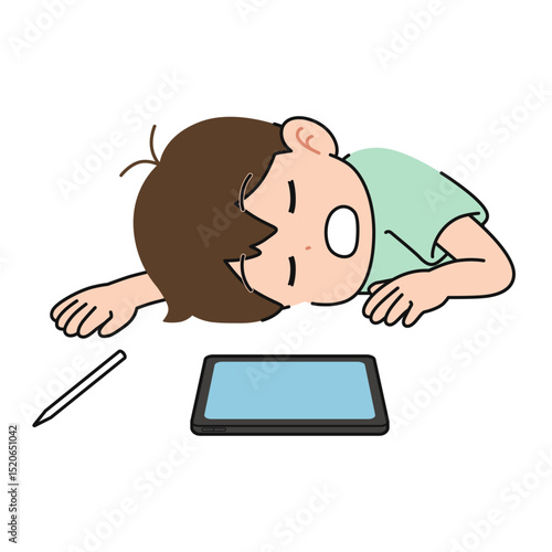 勉強しながら居眠りする男の子　タブレット端末