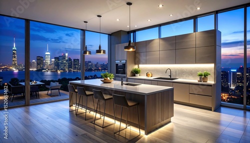 Luxury Kitchen with Stunning Cityscape View at Night