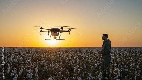 Farmer using drone technology in cotton field at sunset