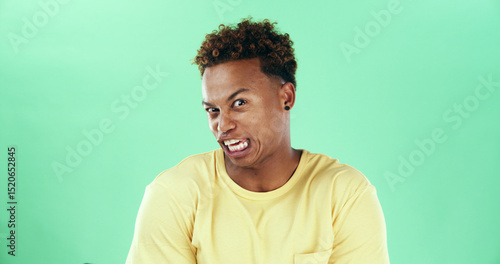 Photos Portrait, disgusted and man with reaction, studio and facial expression for disapproval and dislike