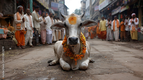 Fototapeta Naklejka Na Ścianę i Meble -  A cow sits in the middle of a street in the holy city of Varanasi, with a tilak on its forehead and a crowd of devotees surrounding it. AI generated images.