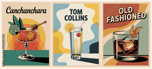 Set of retro mid-century modern cocktail posters featuring Canchanchara, Old Fashioned, and Tom Collins. Stylish vintage bar art perfect for menus, decor, and mixology-themed designs
