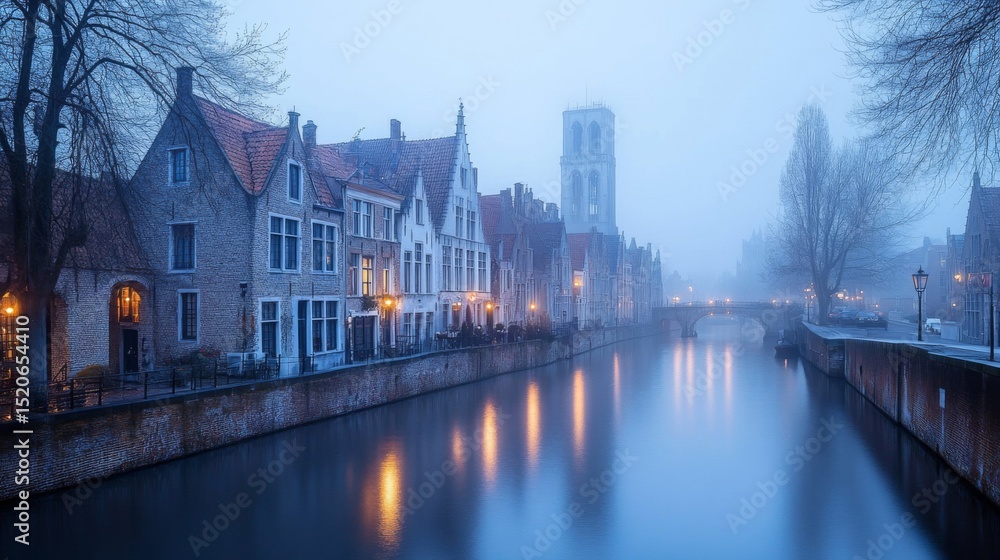 Fototapeta premium Misty Bruges Canal at Twilight with City Lights