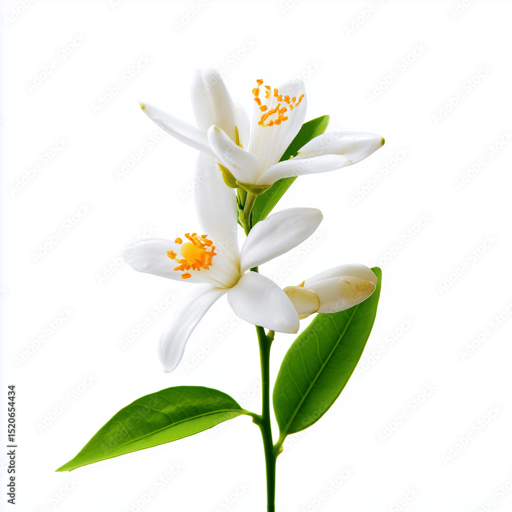 Fototapeta premium beautifully composed photograph of a white neroli flower (orange blossom) on a clean white background. Botanical illustrations or studies.