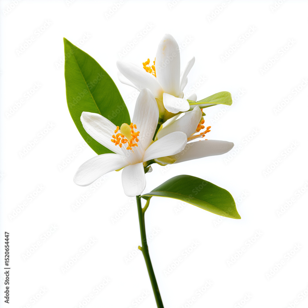 Fototapeta premium beautifully composed photograph of a white neroli flower (orange blossom) on a clean white background. Botanical illustrations or studies.