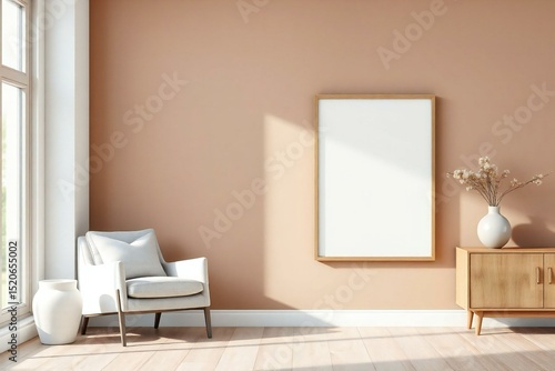 Luxurious contemporary living room with a sofa, armchair, and stylish furniture illuminated by natural light from a large window