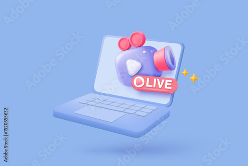 3d video camera icon isolated  with lens and button with laptop. Realistic film movie icon, play button for streaming multimedia concept. 3d cinema record icon vector render illustration