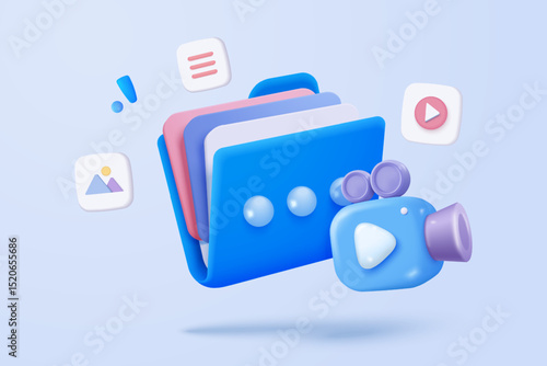 3D media data with video and photo gallery library. Searching image and video files in database. Document management soft, document form, compound docs concept. 3d file icon vector render illustration