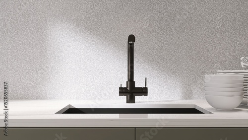 Photos White marble kitchen counter with black undermount sink, faucet with gray stone