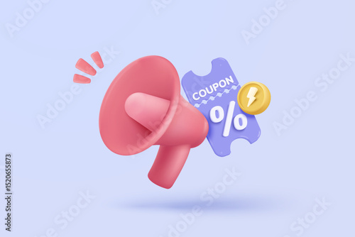 3d megaphone speaker or loudspeaker bullhorn for announce promotion in background, megaphone loud hailer with microphone, speakerphone 3d icon vector render illustration for alert and announcement